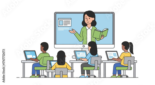 Illustration depicting students in a virtual classroom setting with a teacher on screen during