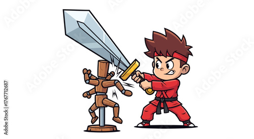 Determined cartoon warrior training hard with a gigantic sword destroying a wooden doll training
