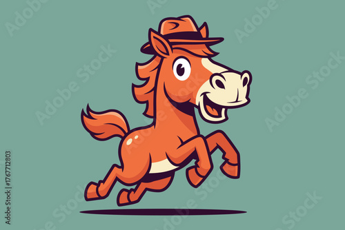 Happy Cartoon Horse Wearing a Hat Galloping with Joyful Expressi