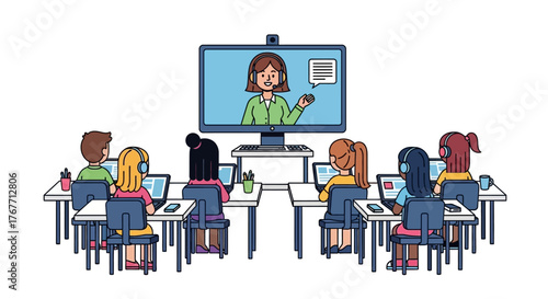 Virtual classroom illustration showcasing students attending an online lesson with a teacher