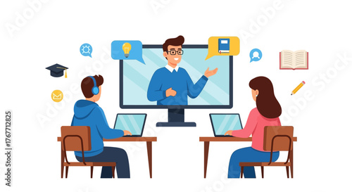 Remote education setup with online learning, students, and an instructor on a monitor