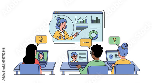 Online virtual classroom setting featuring students attending remote educational webinar