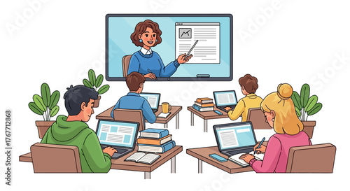 Engaging virtual classroom illustration with online teacher and diligent students utilizing