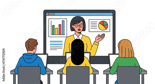 Interactive virtual classroom with instructor explaining charts to attending students