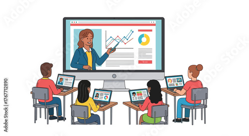 Digital learning classroom scene with students attending a virtual lesson on computer screens