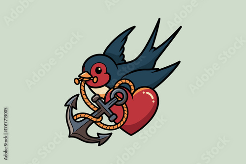 Traditional Tattoo Style Swallow with Anchor and Heart Symbolizi