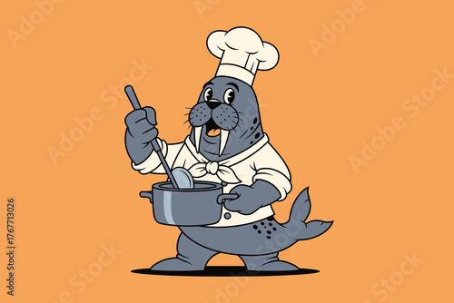 Cartoon Walrus Chef Cooking with Pot and Ladle.