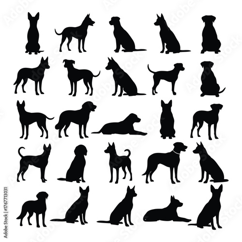 Various dog breeds silhouettes collection in different poses vector illustration