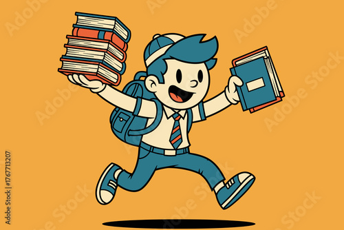 Happy Schoolboy Running with Books and Backpack.