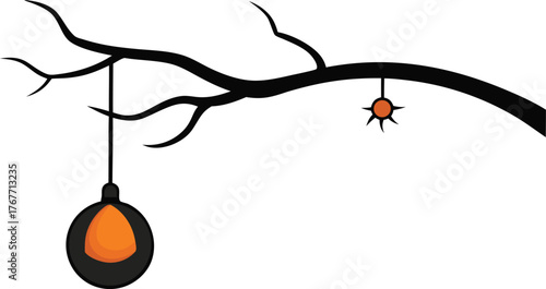 Halloween spooky branch with hanging lantern and spider decoration