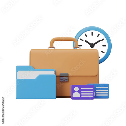 3d business essentials briefcase folder clock and id card for professional work isolated on transparent background