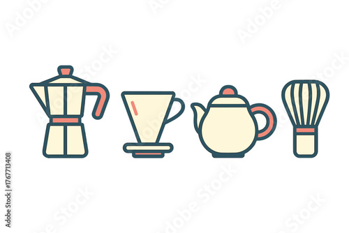 Essential coffee and tea preparation tools including Moka pot, pour-over filter, teapot, and whisk