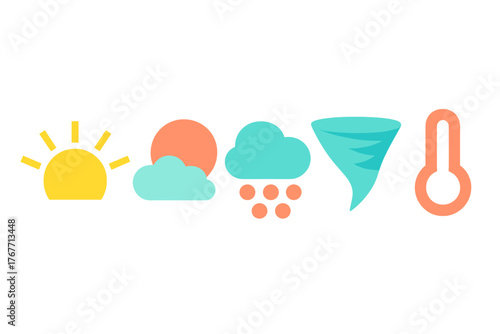 Colorful graphic symbols for weather forecasting including sunny, cloudy, rainy, storm, and temperature