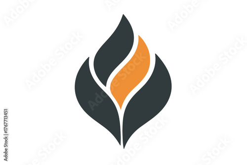 Abstract stylized symmetrical shape resembling a flame or budding leaf in dark gray and orange