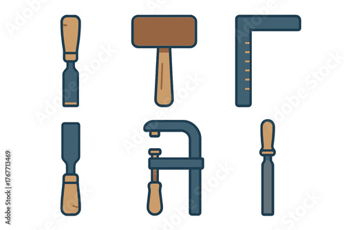 Essential woodworking and carpentry tools collection including chisel, mallet, square, clamp, and file