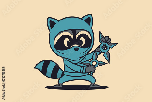 Cute Raccoon Ninja Holding Shuriken Weapon Illustration.