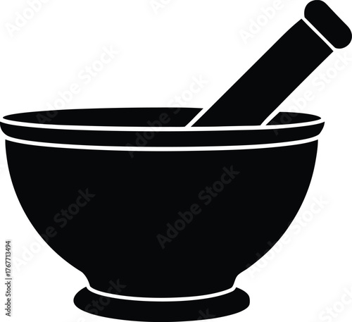 Silhouette of Mortar and Pestle Traditional Herbal Medicine and Cooking Tool Icon.