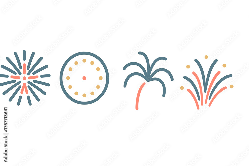 Fototapeta premium Minimalist icon set of fireworks explosions and a simple clock face for celebration events
