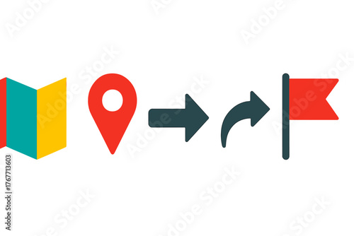 Sequence of map pin, route arrows, and destination flag showing navigation and planning steps