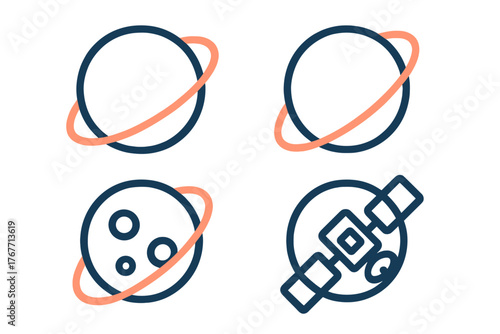 Minimalist space exploration icons set featuring planets with rings and orbiting satellite
