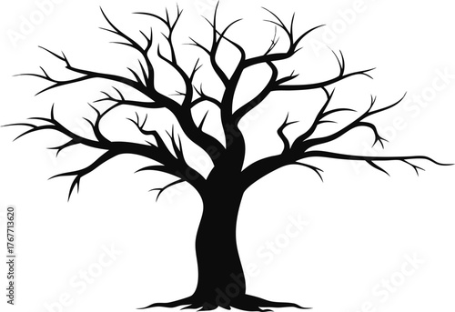 Silhouette of a bare deciduous tree against a white background