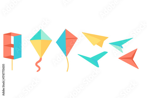 Brightly colored set of flying toys including diamond kites and folded paper aircraft