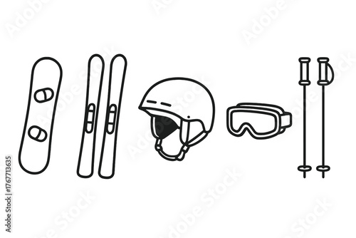 Set of essential winter sports equipment including snowboard, skis, helmet, goggles, and ski poles