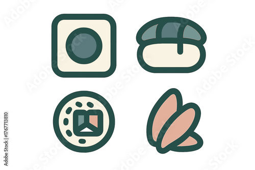 Set of four minimalist Japanese cuisine icons featuring sushi and maki rolls