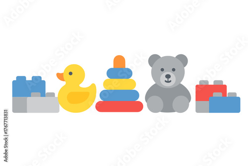 Colorful collection of classic baby and toddler toys: rubber duck, stacking rings, teddy bear, and building blocks
