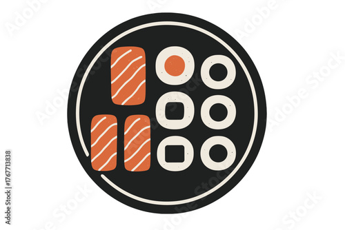 Minimalist design of sushi pieces including salmon nigiri and maki rolls on a dark circular plate