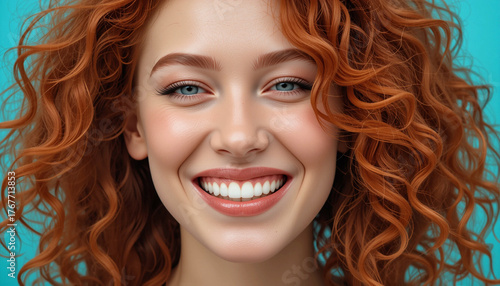 Smiling young woman with curly red hair, bright eyes, and flawless skin, radiating joy against a vibrant turquoise background, showcasing natural beauty and confidence