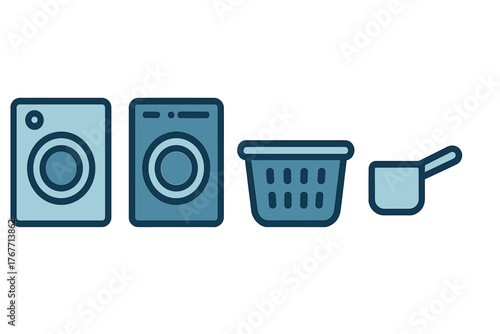 Set of household laundry equipment including washing machines, hamper, basket, and detergent scoop
