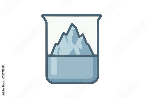 Iceberg floating in a laboratory beaker representing hidden problems or scientific research