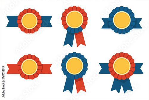 Set of six colorful rosette award badges with ribbons in red blue and gold