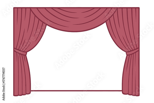 Elegant theater stage curtains drawn back with decorative valance and tiebacks framing a performance area