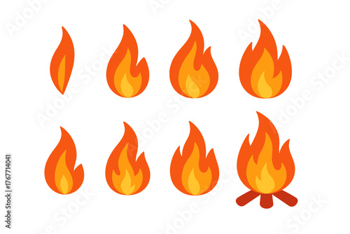 Eight stylized fire flames showing different shapes, intensity levels, and a complete campfire design