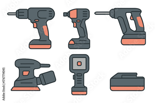 Collection of modern cordless power tools including drills, impact driver, and sander for DIY projects