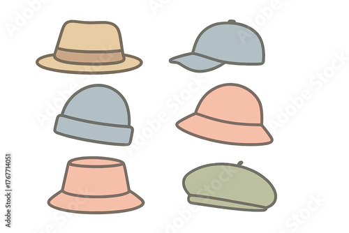Collection of six different headwear styles: fedora, baseball cap, beanie, and bucket hat