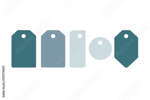 Collection of blank retail price tags and sale labels in blue and teal colors