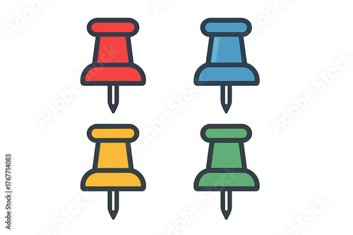 Four colorful pushpins used for pinning notes or marking locations on a map or board