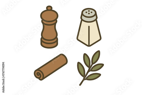 Kitchen spices and seasonings set featuring pepper mill salt shaker cinnamon stick and herb sprig