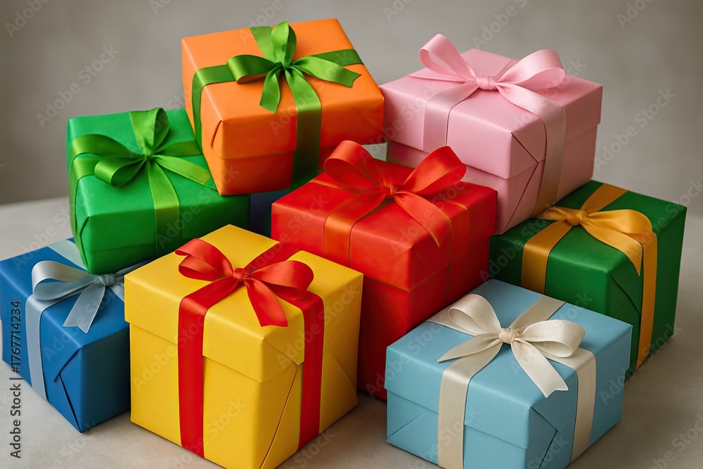 Obraz premium Colorful gift boxes ready for celebration or special occasion.