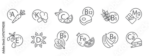 Vitamin, Nutrient, Mineral Line Icons. Retinol, Tocopherol, Folic Acid, Thiamine, and Foods Containing Them. Vector Illustration. Editable Stroke.