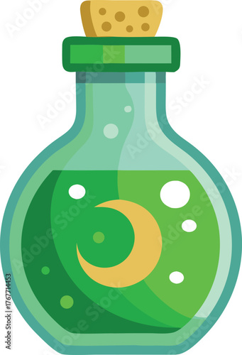 Magical potion bottle with crescent moon symbol and bubbles