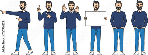 Cartoon man character, gesture poses, beard glasses, casual outfit, pointing, OK sign, holding board, standing, vector illustration, set