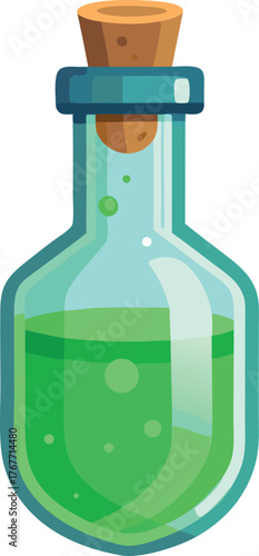 Glass bottle with green liquid and cork stopper potion