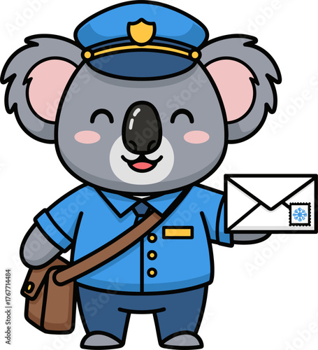 A cheerful koala dressed as a mail carrier delivers a Christmas letter, spreading holiday cheer and festive greetings to everyone during the season.