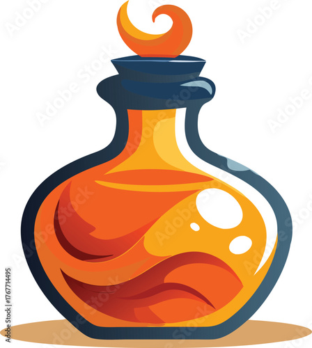 Mysterious orange potion in a vintage glass bottle with a swirling top
