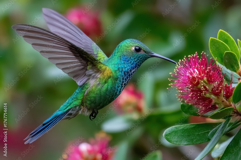 Fototapeta premium Hummingbird in Flight Near a Vibrant Red Flower