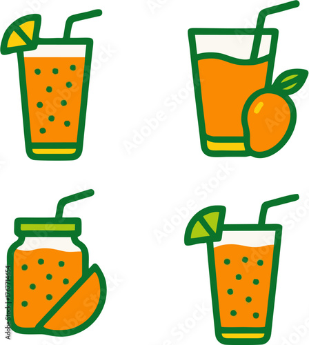 Vector illustration icon set of cold alcoholic and non-alcoholic summer drinks, cocktails, beer, juice, and fresh fruit beverages in various glasses with lemon, orange, and straws